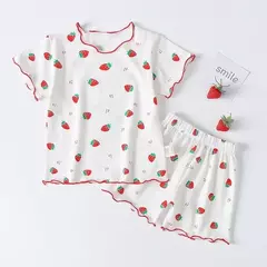 Pijama infantil padrão morango, conjunto de roupas de manga curta, terno de duas peças para uso caseiro, meninos, meninas, verão, 1 a 5 anos