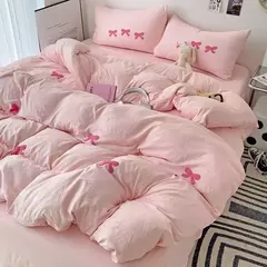 Cute Pink Bows Embroidery Duvet Cover Set, Conjuntos de cama 3D Confortável Rainha Consolador, capas macias para meninas, crianças, adolescentes - comprar online