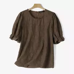 ZANZEA-blusa de renda oca para mulheres, tops de manga curta folhada, túnica chique, tecido texturizado, moda coreana, verão, 2024 - loja online