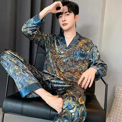 Conjuntos de pijama masculino de cetim de seda manga comprida, pijamas masculinos, camisola estampada, Casa, Soft Cozy Sleepwear Calças, Novo na internet