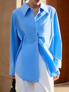 DUSHUI-Mulheres Manga Longa Polo Pescoço Blusa, Ombro Frontal, Camisas Commuter Branco, Decoração de Bolso, Camisa Feminina, 2 Cores, 24DS83323