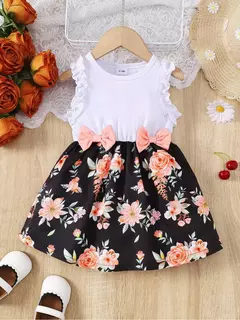 Vestidos estampados florais sem mangas com arco para criança, roupas de verão, estilo pastoral, festa de casamento, 0 a 3 anos na internet