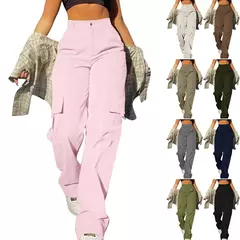 Calça feminina básica de fivela, calça de paraquedas, perna reta sólida, bolsos grandes, moletom Y2K folheado com tudo o que combina, roupa de rua chique na internet
