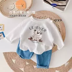 Imagem do Camiseta infantil de manga comprida, algodão puro, camisa base, desenho animado estampado, primavera e outono, bebê, meninos e meninas