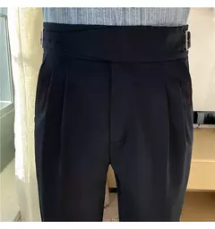 Estilo britânico dos homens de cintura alta vestido casual calça masculina cinto design calças finas formal escritório social vestido de festa de casamento terno calças na internet