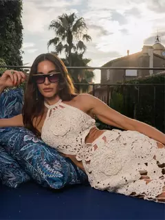Vestido Longo de Praia Feminino, Oco, Flor, Renda, Emagrecimento, Sem Costas, Cintura Exposta, Pescoço Pendurado, Colete Suspender, Sem Alças, Sexy na internet