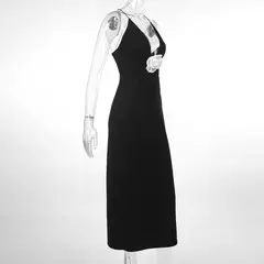 Imagem do Vestido de baile longo com decote em v, sem costas, sem costas, cinta de espaguete, preto, maxi, vestido de noite, flor 3D, verão, 2022