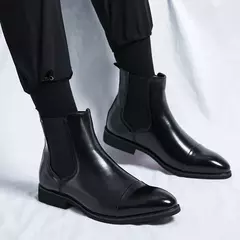 Men's Red Sole PU Ankle Chelsea Boots, Business Round Toe Slip-On Shoes - Wolf Magazine