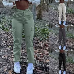Calças monocromáticas para mulheres, calças simples com zíper frontal, cintura alta, streetwear com vários bolsos, slim fit, moda streetwear, Y2k