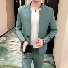 New (Blazer+ Pants) Men's Fashion Business Korean Version of Gentleman Zhongshan Stand Collar Casual British Style 2-piece Set - loja online