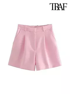 TRAF-Bermudas de cintura alta para mulheres, bolsos laterais, dardos dianteiros, vintage, com zíper, calças curtas femininas, moda - comprar online