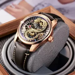 OBLVLO-Mecânica Dragon Dial relógio automático para homens, couro, roda dupla, luminosa, impermeável, esporte, novo design, JM-DRAGON