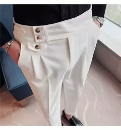 Calça formal de botão de cintura alta estilo britânico masculina, terno casual empresarial, calça de escritório, monocromática, alta qualidade, nova, primavera