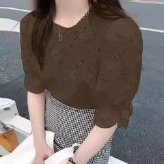 ZANZEA-blusa de renda oca para mulheres, tops de manga curta folhada, túnica chique, tecido texturizado, moda coreana, verão, 2024 na internet