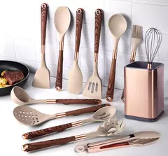 Conjunto De Utensílios De Cozinha De Silicone Resistente Ao Calor, Espátula, Colher, Ferramentas Antiaderentes, Alça Banhada A Ouro Rosa, Suporte, Presente De Cozinha na internet