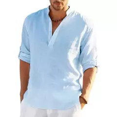Camiseta de linho manga comprida masculina, monocromática, solta, casual, respirável, camisas de algodão, streetwear leve, designer, nova na internet