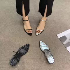 Imagem do Sandálias femininas de salto baixo, dedo apontado, salto alto, moda feminina, vestido de banquete, sandálias de grife, novo, verão, 2024