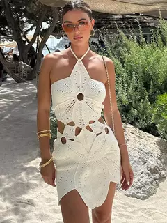 Vestido feminino de praia com alça curta, sexy oco malha sem encosto vestidos, padrão irregular, roupas de verão