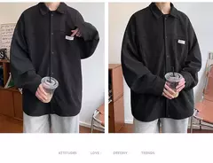 Jaqueta masculina casual de veludo, camisa manga longa, streetwear solta com bolsos, botão pesado para baixo, outono na internet