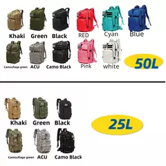 Impermeável Trekking Fishing Hunting Bag, Mochilas ao ar livre, Tactical Sports, Camping, Caminhadas Mochila resistente, 25L, 50L