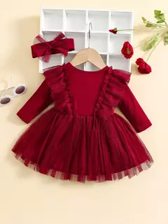Vestido de malha com babados e lenço para bebê, manga pequena voadora, manga comprida, romântica, primavera e outono, 2 peças na internet