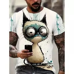 Camiseta 3D estampada animal masculina, estampa de gato e cachorro, manga curta, tops grandes, roupas de verão, nova moda