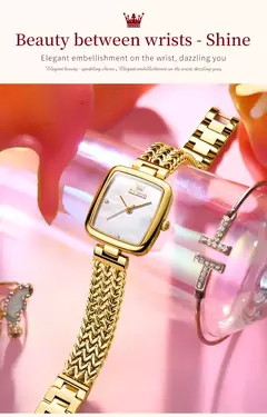 Imagem do OLEVS Originais Mulheres Relógios De Luxo Elegante Quartz Relógio De Pulso De Aço Inoxidável Gold Square Quartz Watch Set Presente para Menina 9948