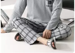 Imagem do Pijama masculino com gola em o listrado, pijamas de algodão penteado, lounges plus size, outono e inverno, maduro na moda, novo, L a 6XL, 2020