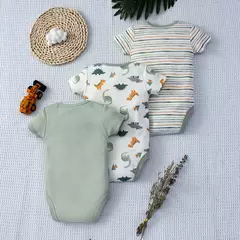 Verão Bebê Bodysuit com Dinossauro Padrão Dos Desenhos Animados, 3 Piece Set, Stripe Pattern, Design Botão para 0-9 Meses Old Boys na internet