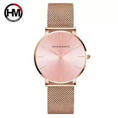 Relógio de mulheres hannah martin japão movimento de quartzo simples à prova d' água ouro rosa malha de aço inoxidável relógio de senhoras relogio feminino na internet