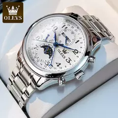 Imagem do OLEVS-Relógio de pulso mecânico automático masculino, Moon Phase, Calendário, Impermeável, Aço inoxidável, Pulseira de couro, Original