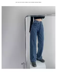 Imagem do Jeans vintage drapejado de cintura alta feminino, calças de perna reta, jeans drapejado solto