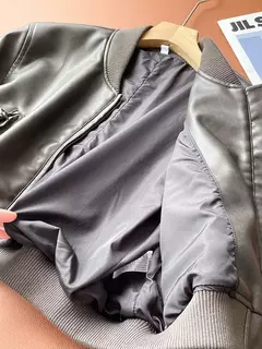 Jaqueta de couro PU feminina, casaco PU, mangas compridas, jaqueta solta, couro gradiente, gola redonda, zíper, locomotiva, curta, lavada - comprar online