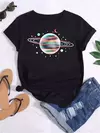 Camiseta feminina casual de manga curta com gola redonda, streetwear feminina, tops vintage, camiseta Maycaur, estampada com planeta lunar, moda camisetas