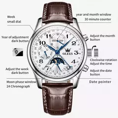 OLEVS-Relógio de pulso mecânico automático masculino, Moon Phase, Calendário, Impermeável, Aço inoxidável, Pulseira de couro, Original - comprar online