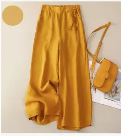 Calça de perna larga feminina, cintura alta elástica, algodão e linho, calça casual, calça reta solta, retrô artística, amarela, verão - loja online