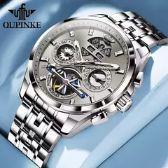 OUPINKE-Relógio mecânico totalmente automático masculino, relógio de pulso luminoso, calendário ano mês safira, marca de luxo superior