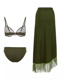 Conjunto de biquíni de três peças, sutiã acolchoado, borla, saia de praia de cintura alta, maiô de verão, moda sexy, monocromático - Wolf Magazine