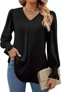 Nova camisa feminina de chiffon de cor sólida com decote em v pulôver queimado manga comprida camisa superior senhora do escritório elegante cáqui blusas soltas - Wolf Magazine