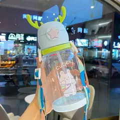 Garrafa de água Deer Horn para crianças, grande capacidade, copo de palha de plástico, estudante, menina kawaii, crianças, desenhos animados, 500ml na internet