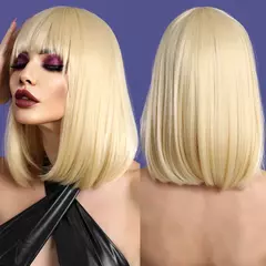 Imagem do NAMM-peruca reta feminina, peruca de cabelo sintético com franja, resistente ao calor, preto e branco, cosplay diário de festa