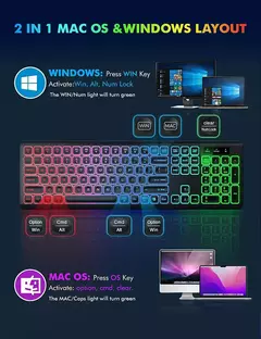 Combo de teclado e mouse sem fio, retroiluminado RGB, letras iluminadas recarregáveis, tamanho completo ergonômico, modo de suspensão, 2,4 GHz - Wolf Magazine