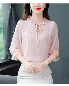 Chiffon blusa com gola pétala para as mulheres, blusa solta e casual, meia manga, gravata borboleta, nova moda, primavera verão, tamanho m a 4xl, 2024