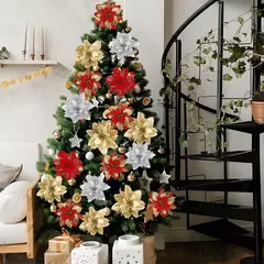 Flores artificiais de glitter para árvore de natal, ornamentos pendurados, flor falsa, lar, Natal, ano novo, presente, 2022, 2024