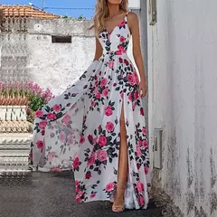 Imagem do Verão impresso cintura vestido feminino 2024 comércio exterior roupas femininas com decote em v baixo peito festa grande saia vestido de balanço