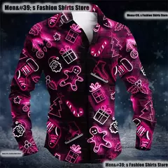 Natal santa gingerbread motorando botão masculino camisa de lapela de manga comprida de alta qualidade, tamanho grande XS-6XL entrega rápida - Wolf Magazine