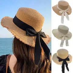 Chapéu de palha com laço feminino, aba larga, top macio, proteção solar, acessórios de praia, verão