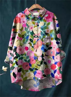Sardinha de peixe retrô casual feminina arte camisa de bolso manga longa, camisas estampadas estilo havaiano, tops com gola v, verão na internet