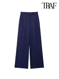 TRAF-Calça de perna larga feminina com bolsos frontais, vintage, cintura alta, mosca com zíper, calça feminina, moda
