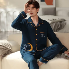 Imagem do Conjunto de pijama masculino 100% algodão manga comprida solto casual outono/inverno temporada cardigan pijamas